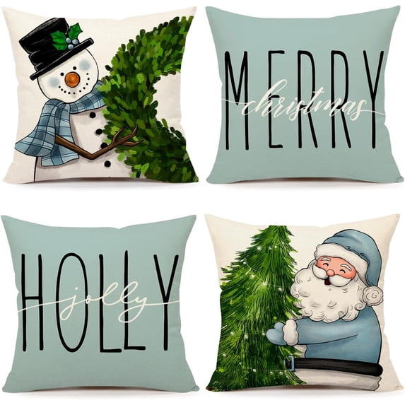 Red Christmas Pillow Covers 18x18 Set of 4 Farmhouse Christmas Decorations Snowman Wreath Santa Claus Tree Merry Christmas Holly Jolly Winter Holiday Decor Throw Cushion Case for Home Couch S22C17
