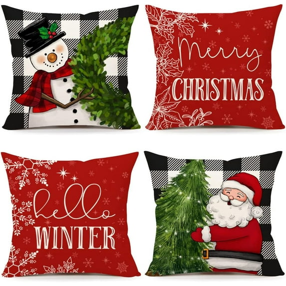 Red Christmas Pillow Covers 18x18 Set of 4 Farmhouse Christmas Decorations Snowman Wreath Santa Claus Tree Merry Christmas Holly Jolly Winter Holiday Decor Throw Cushion Case for Home Couch S22C17