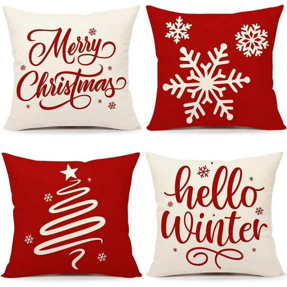Red Christmas Pillow Covers 18x18 Set of 4 Farmhouse Xmas Decorations Snowflake Hello Winter Holiday Decor Throw Cushion Case for Home Couch S24C17