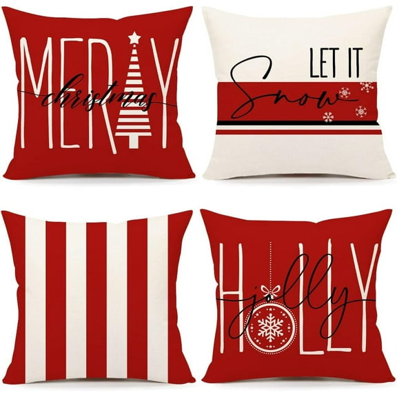 Red Christmas Pillow Covers 20x20 Set of 4 Farmhouse Christmas Decorations Let It Snow Holly Jolly Winter Holiday Decor Throw Cushion Case for Home Couch S22C24-20