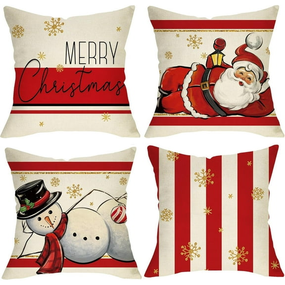 Red Christmas Pillow Covers Farmhouse Christmas Decorations Snowman Wreath Santa Claus Tree Merry Christmas Holly Jolly Winter Holiday Decor Throw Cushion Case for Home Couch