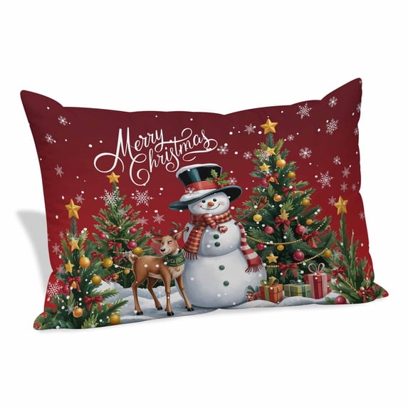 Red Christmas Pillow Covers, Linen Long Throw Pillow Case, Snowman Xmas Tree Gifts Snowflake Elk Holiday Pillow Protector Decorative Cushion Cover for Living Room/Bedroom 20" x 26"