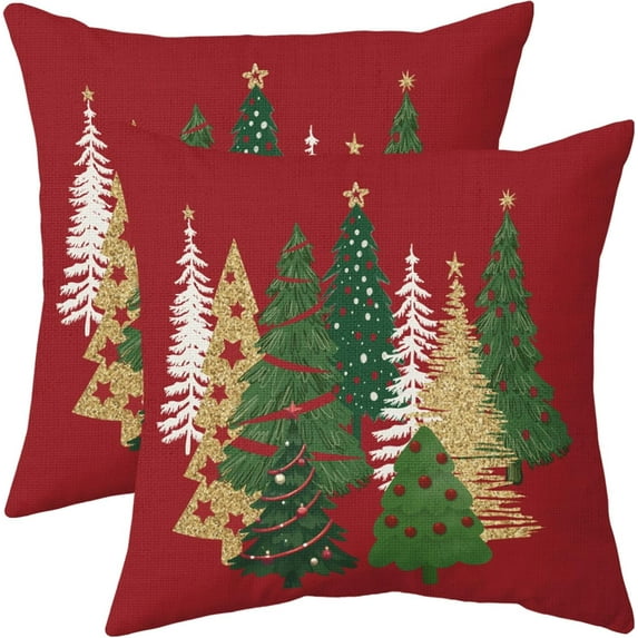 Red Christmas Pillowcase, 18x18 Christmas Tree Print Decorative Throw Pillow, Outdoor Farmhouse Holiday Decor Pillowcase, Cushion Cover Decor, Suitable for Home Sofa Beds (2-Pack)