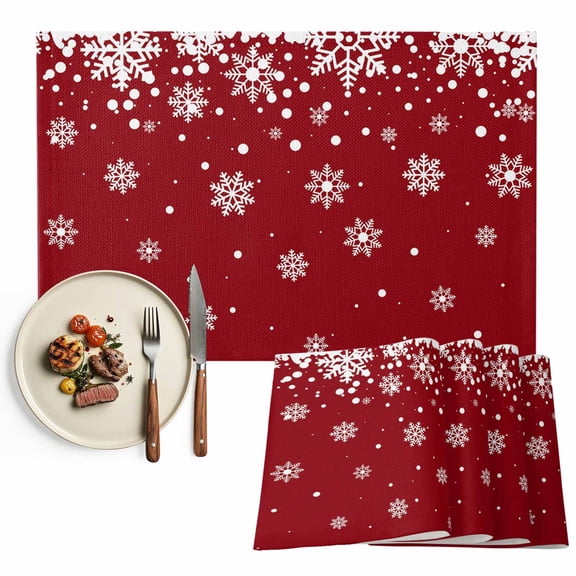 Red Christmas Placemats Set of 12, Winter Falling White Snowflakes Table Mats Washable Heat-Insulation Non-Slip Place Mats for Kitchen Dinner Table Indoor Outdoor Decor,13x19 Inch