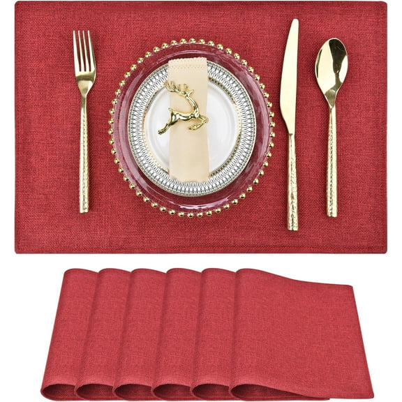 Red Christmas Placemats Set of 6 - Festive Easy to Clean Linen-Style Fabric Table Mats - Machine Washable & Heat Resistant Non-Slip Design for Thanksgiving and Holiday Dining (Red, 6)