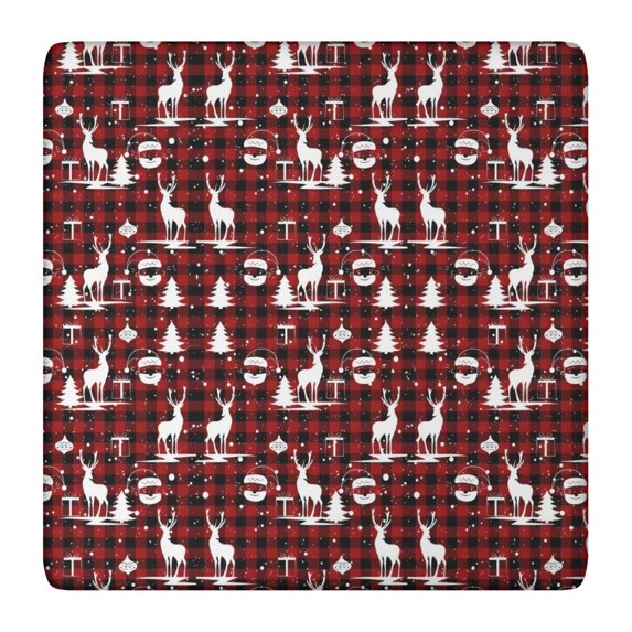 Red Christmas Plaid Deer and Tree Pattern Square Fitted Tablecloth with Elastic Edge,Square Table Cover,Washable Elastic Table Cover for Home Kitchen Party Decor 36"x36"