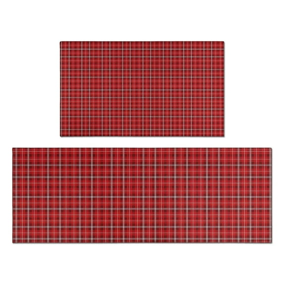Red Christmas Plaid Pattern Kitchen Rugs Sets Of 2,Anti Fatigue Kitchen Mat Rugs Non Slip Washable,Decorative Kitchen Floor Mats for Kitchen,Sink,Laundry,17"x30"+17"x47"