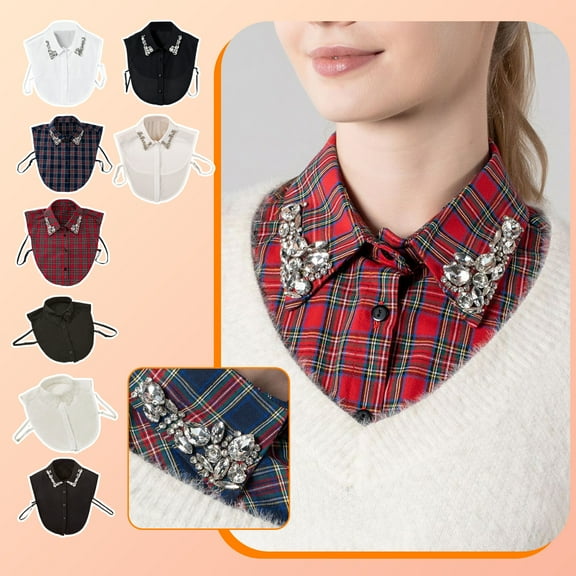 Red Christmas Plaid Rhinestone Detachable Collar, Detachable Collars for Women, Womens Dickie Collar, Elegant Dickey Collars H One Size