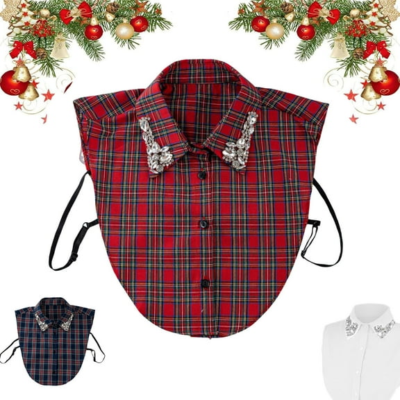 Red Christmas Plaid Rhinestone Detachable Collar, Half Shirt Blouse False Collar, Red Christmas Plaid Rhinestone Detachable Collar, 2026 Christmas Sparkle Half Top Mock Blouse Collar
