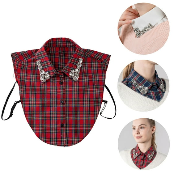 Red Christmas Plaid Rhinestone Detachable Collar Women Red Rhinestone Fake Collar Christmas Sparkle Blouse Collar Stylish Dickey Half Shirt