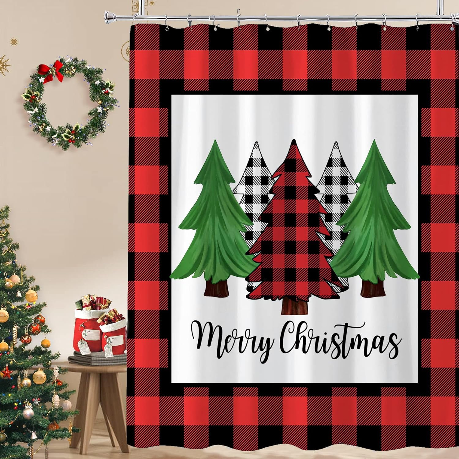 Red Christmas Plaid Shower Curtain, Vintage Farmhouse Christmas Tree ...