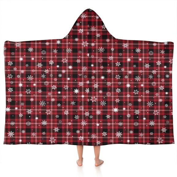 Red Christmas Plaid and Snowflake Pattern Hooded Bath Towel，50"x30" for Ages 3 To 12 Kids, Quick Dry Lightweight Soft Microfiber Hood Beach Towel Cover Up for Kids