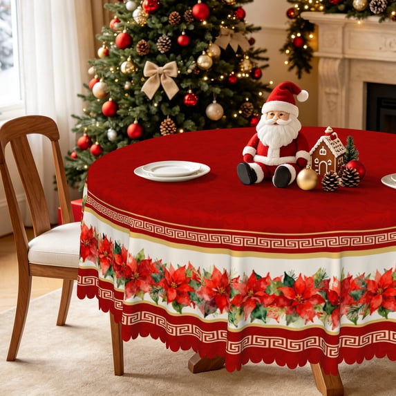 Red Christmas Poinsettia Round Tablecloth 70 Inch,Stain‑Resistant Table Cover for Holiday Dinner Home Kitchen Decor