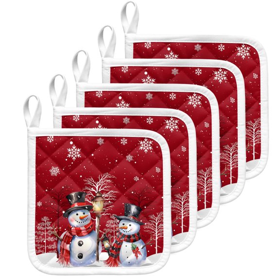 Red Christmas Pot Holders for Kitchen Heat Insulation Potholder, Winter Snowman Xmas Tree Snowflake Kitchen Pot Holders Sets Washable Oven Hot Pads Cloth Trivet for Cooking Baking 5 Pack