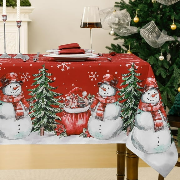 Red Christmas Rectangle Tablecloth - Printed Xmas Tree & Snowman Pattern, Washable &Stain Resistant Decorative Holiday Table Covers for Kitchen, Party, Dining Table Decor - 60 x 120 Inch
