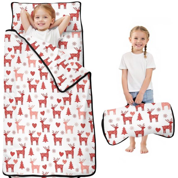 Red Christmas Reindeer Pattern Kids Nap Mat, Preschool Sleeping Pad with Handle & Fastening Straps, Soft Skin Friendly Gifts for Birthday Holiday,50"x20"
