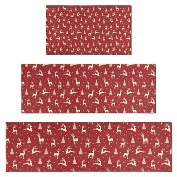 Red Christmas Reindeer Pattern Kitchen Rugs Sets Of 3,Kitchen Runner Rugs Non Skid Washable,Decorative Kitchen Floor Mats for Kitchen,Sink,Laundry,17"x30"+ 17"x47" + 17"x59"