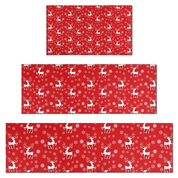 Red Christmas Reindeer Pattern Kitchen Rugs Sets Of 3,Kitchen Runner Rugs Non Skid Washable,Decorative Kitchen Floor Mats for Kitchen,Sink,Laundry,17"x30"+ 17"x47" + 17"x59"