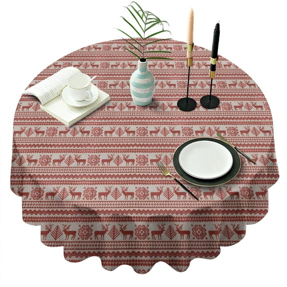 Red Christmas Reindeer Pattern Round Tablecloth 60"x60",Wrinkle Wipeable Table Cloth for Kitchen Dining Room Picnic Patio Party