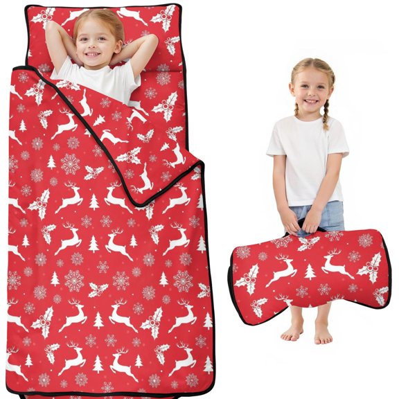 Red Christmas Reindeer and Snowflake Kids Nap Mat, All-in-One Nap Pad with Handle & Fastening Straps, Hypoallergenic Gifts for Daycare Preschool,50"x20"