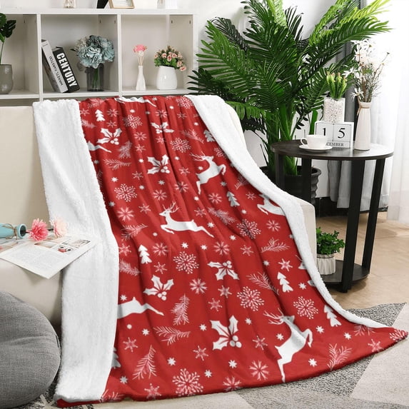 Red Christmas Reindeer and Snowflake Pattern Blanket,Comfortable Soft Flannel Throw Blanket,All Season,Warm Lightweight Blankets for Sofa Bed Couch Living Room Chair,50"x60"