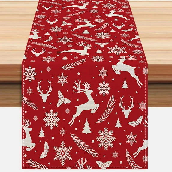 Red Christmas Reindeer Table Runner 13x72 Inch Pine Branches Snowflakes Winter Kitchen Dinning Table Decoration for Home Party Decor