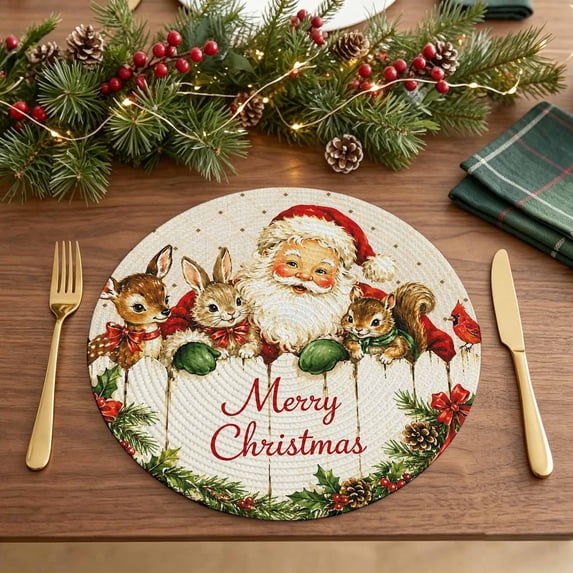Red Christmas Round 13 Inch Placemats Set of 6, Santa Claus Cardinal ...