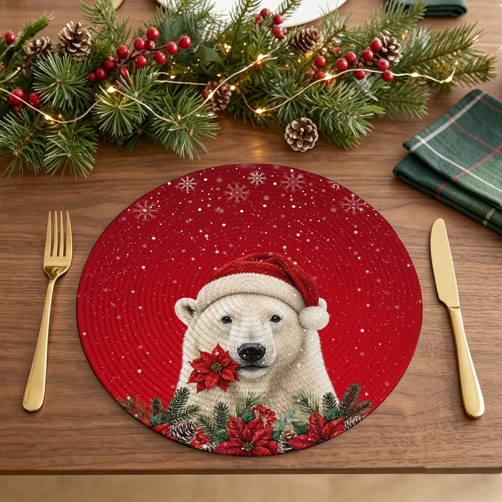 Red Dining Set Red Christmas Round 13 Inch Placemats Set of 6, Winter Bear Snowflake ...