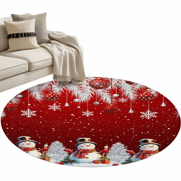 Red Christmas Round Area Rug 4ft, Xmas Snowflake Balls Tree Washable Non-Slip Circle Rugs for Bedroom Living Room Kitchen, Soft Non Shedding Circle Carpet for Dining Room Dorm