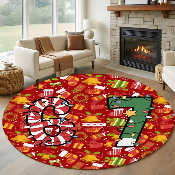 Red Christmas Round Area Rug 5Ft Washable Circle Rugs for Living Room Bedroom, Winter Xmas Gifts Stockings Wreaths Bells Non-Slip Carpet Floor Mats Indoor Outdoor Carpet Runner Aesthetic Home Decor