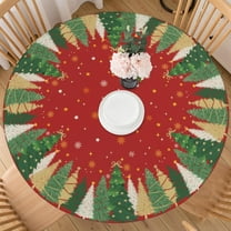 Red Christmas Round Fitted Tablecloth with Elastic for 48-52 Inch Tables Xmas Tree Snowflake Print Winter Fitted Table Cover Waterproof Holiday Theme Farmhouse Indoor Outdoor Patio Picnic Party