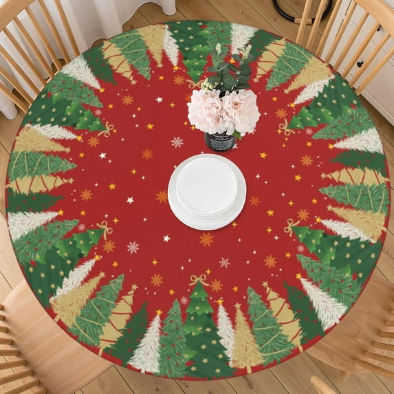 Red Christmas Round Fitted Tablecloth with Elastic for 48-52 Inch Tables Xmas Tree Snowflake Print Winter Fitted Table Cover Waterproof Holiday Theme Farmhouse Indoor Outdoor Patio Picnic Party