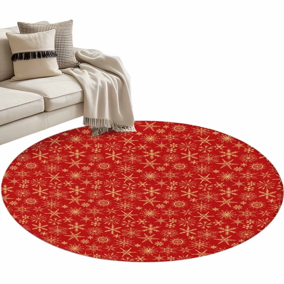 Red Christmas Round Rug 3ft Area Rug Washable Soft Non-Slip 3' Circle Low Pile Rugs Farmhouse Gold Snowflakes Winter Xmas Carpet for Bedroom Living Room Entryway Home Office Dining Room