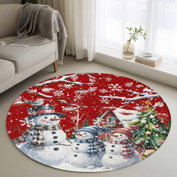 Red Christmas Round Rug 3ft Washable Circle Entryway Rugs Non Slip Xmas Winter Snowman Snowflakes Trees Area Rug Indoor Floor Carpet for Bedroom Kitchen Living Room Home Office Dining Room Nursery