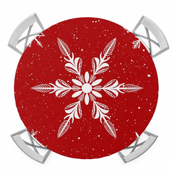 Red Christmas Round Tablecloth for 36-44 Inch Tables, Fitted Table Cover with Elastic Edge, Xmas Snowflake Winter Waterproof Outdoor Table Cloth Protector for Patio Garden Dinner Picnic