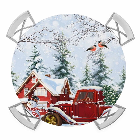 Red Christmas Round Tablecloth for 45-54 Inch Tables,Fitted Table Cover with Elastic Edge,Snowman Truck Xmas Tree Snowflake Branches Waterproof Outdoor Table Cloth Protector for Patio Garden Dinner