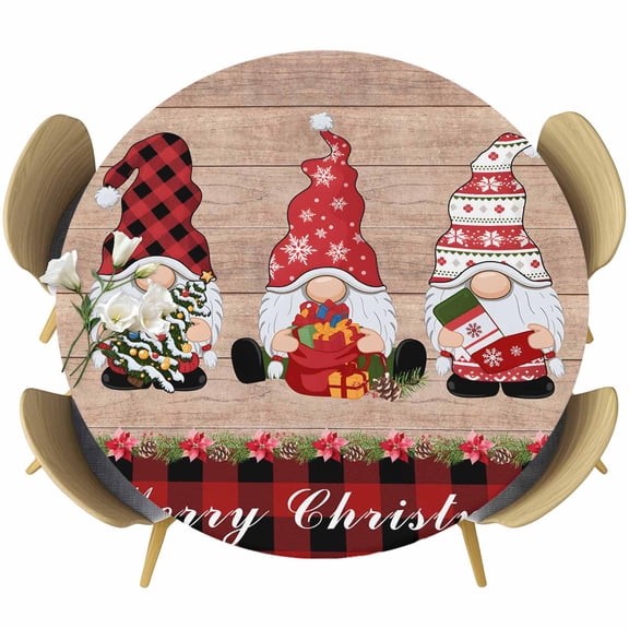 Red Christmas Round Tablecloth, Fitted Table Cover with Elastic for 36"-44" Round Tables, Plaid Gnomes Xmas Snowflake Wooden Table Cloth Outdoor Indoor Dinning Party Waterproof Tablecloths