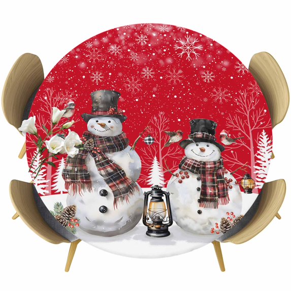 Red Christmas Round Tablecloth, Fitted Table Cover with Elastic for 36"-44" Round Tables, Snowman Snowflake Winter Birds Table Cloth Outdoor Indoor Dinning Party Waterproof Tablecloths