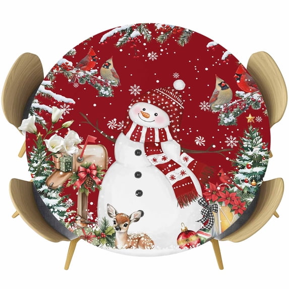 Red Christmas Round Tablecloth, Fitted Table Cover with Elastic for 36"-44" Round Tables, Snowman Xmas Tree Snowflake Winter Table Cloth Outdoor Indoor Dinning Party Waterproof Tablecloths