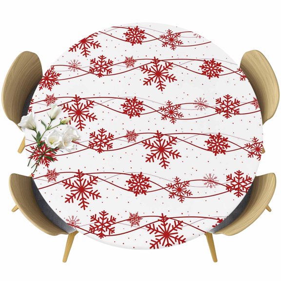 Red Christmas Round Tablecloth, Fitted Table Cover with Elastic for 36"-44" Round Tables, Winter Xmas Snowflake Wave Table Cloth Outdoor Indoor Dinning Party Waterproof Tablecloths