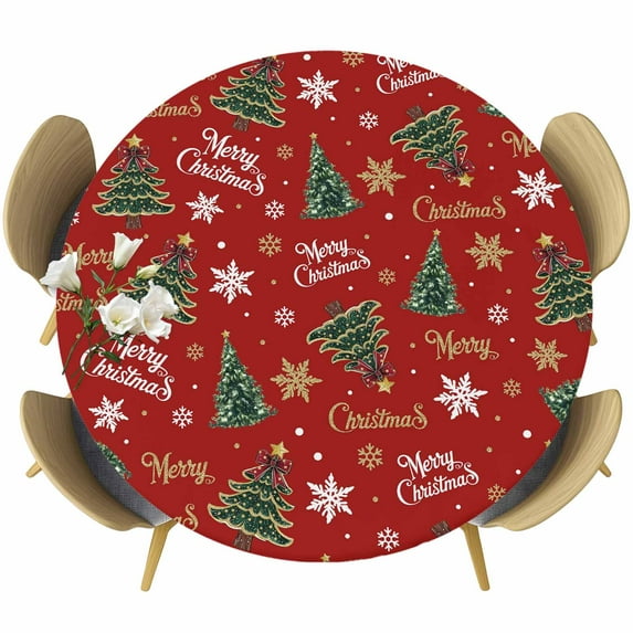 Red Christmas Round Tablecloth, Fitted Table Cover with Elastic for 36"-44" Round Tables, Xmas Tree Snowflake Stars Farmhouse Table Cloth Outdoor Indoor Dinning Party Waterproof Tablecloths