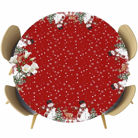 Red Christmas Round Tablecloth, Fitted Table Cover with Elastic for 45"-54" Round Tables, Winter Snowman Pine Tree Deer Snowflakes Table Cloth Outdoor Indoor Dinning Party Waterproof Tablecloths
