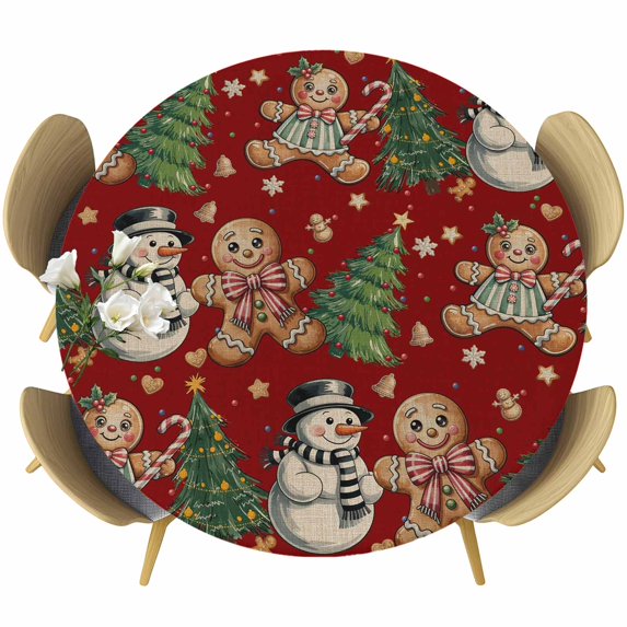 Red Christmas Round Tablecloth, Fitted Table Cover with Elastic for 45"-54" Round Tables, Xmas Tree Gingerbread Snowman Winter Table Cloth Outdoor Indoor Dinning Party Waterproof Tablecloths