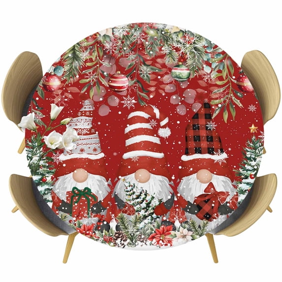 Red Christmas Round Tablecloth, Fitted Table Cover with Elastic for 55"-60" Round Tables, Gnomes Xmas Tree Poinsettia Eucalyptus Table Cloth Outdoor Indoor Dinning Party Waterproof Tablecloths