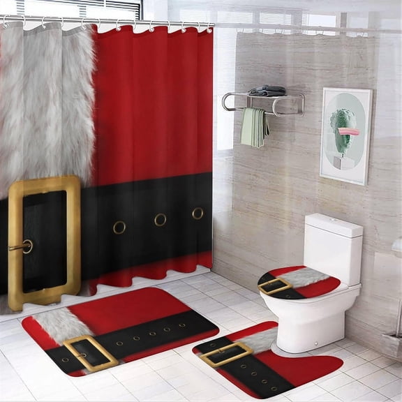 4PCS Shower Curtain with Bathroom Sets and Rugs Christmas Candy Cane Decor Shower Curtain Sets with Non-Slip Rug Toilet Lid Cover U-Shaped Mat with Hooks Xmas Red 72"x72"