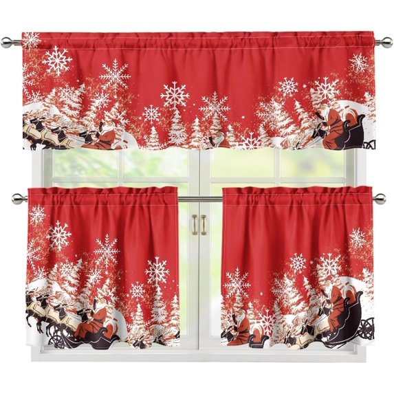 Red Christmas Santa Claus Small Kitchen Curtain 36 Inch Length Small Short Cafe Tiers Curtains Drape, 3 Panel Window Treatment Rod Pocket Drapery Panels Curtains