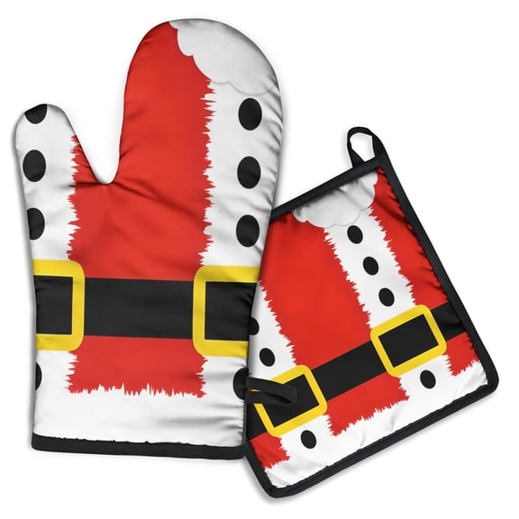 Red Christmas Santa Costume Pattern Kitchen Oven Mitt and Pot Holder Sets 2 Pcs for Baking, Cooking and Grilling, Heat Resistant Up To 392 °F