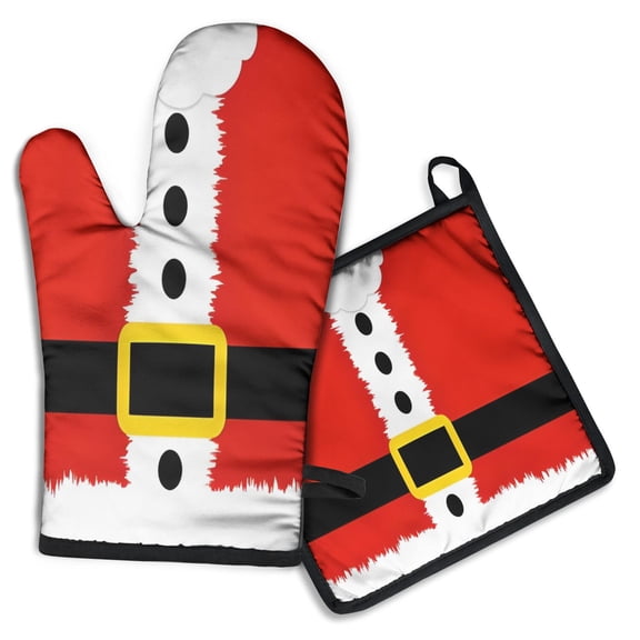Red Christmas Santa Costume Pattern Kitchen Oven Mitt and Pot Holder Sets 2 Pcs for Baking, Cooking and Grilling, Heat Resistant Up To 392 °F