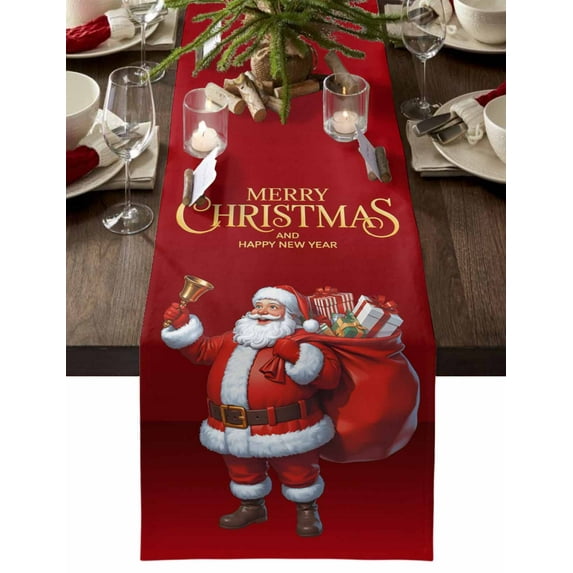Red Christmas Santa Cotton Linen Table Runner for Dining Kitchen, Xmas Santa Claus Winter Holiday Gifts Wedding Outdoor Party Tablerunners Decoration, Dresser Scarf Coffee Tablecloth Runners 13"x36"