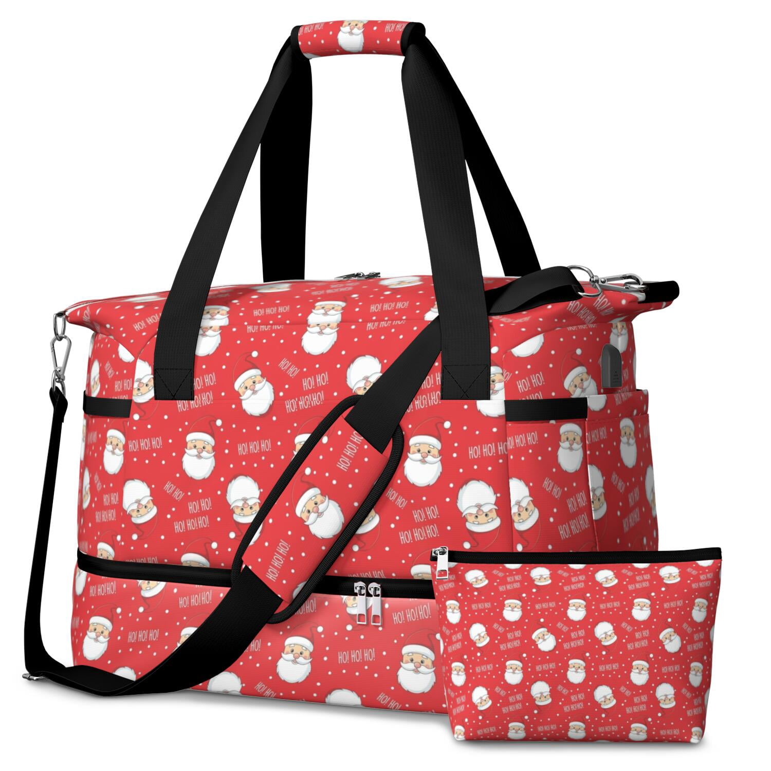 Red Christmas Santa Pattern Gym Duffel Bag 2 Piece Set, Sports Tote ...